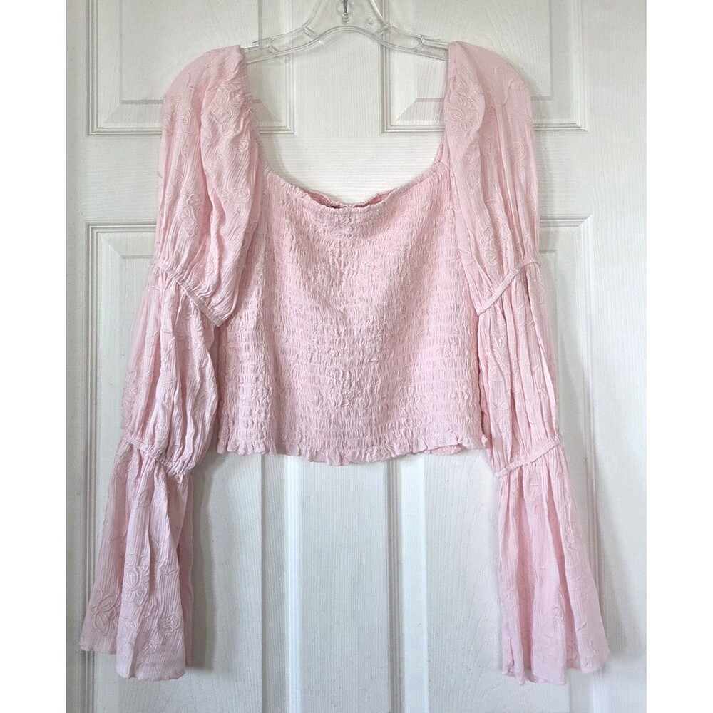 MI AMI for Francesca's Pink Smocked Crop Top Embroidered Sleeves Size M NWT